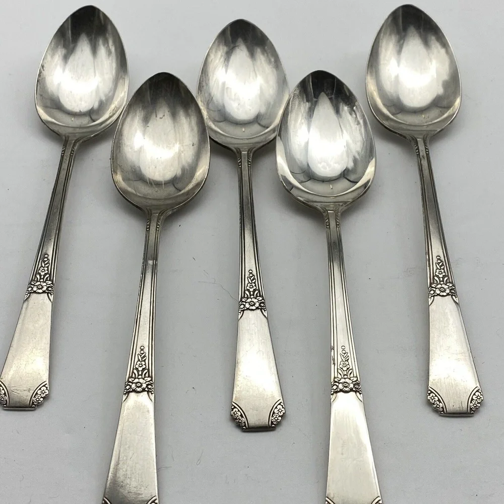 Vintage Oneida Rio Oval Soup Spoons WM A‎ Rogers 1939 Silverplate 5 Set Art Deco
